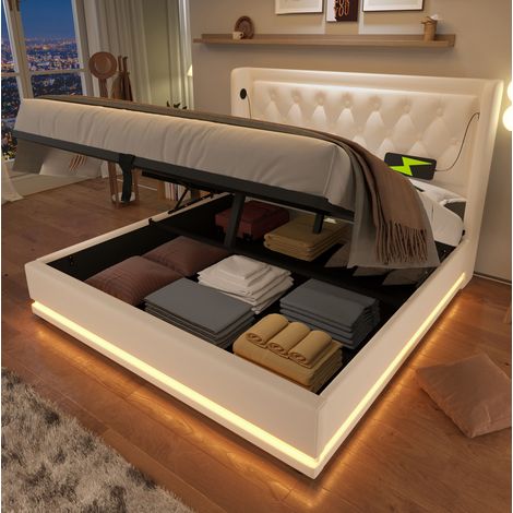 Bettgestell 160x200 cm weiß aus PU mit Stauraum, USB-C-Ladefunktion und 3-seitiger LED-Beleuchtung (1/5)