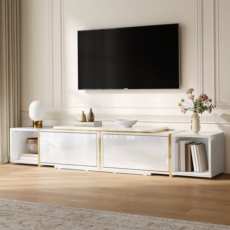 Meuble TV extensible 275x35x37 cm, laqué blanc brillant, niches ouvertes, passe-câbles, panneau de particules (1/5)