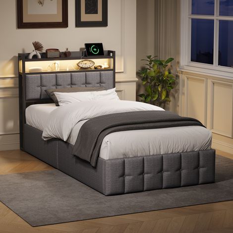 Lit simple coffre 90x200cm, lit enfant rembourré avec LED et multiprise, Lit 90x200 avec sommier à lattes, rangement hydraulique, lin, gris, sans matelas (1/5)