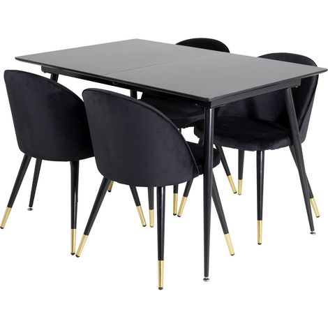 SilarBLExt Essgruppe Esstisch Ausziehbarer Tisch Länge cm 120 / 160 schwarz und 4 Velvet Esszimmerstühle Velour schwarz, Messing dekor.