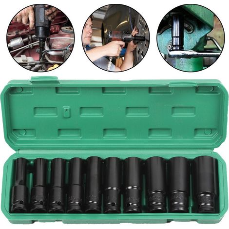 Jeu de douilles à choc 10 pièces 1/2" – Douilles profondes métriques 10–24 mm, pour clé pneumatique et démontage de pneus