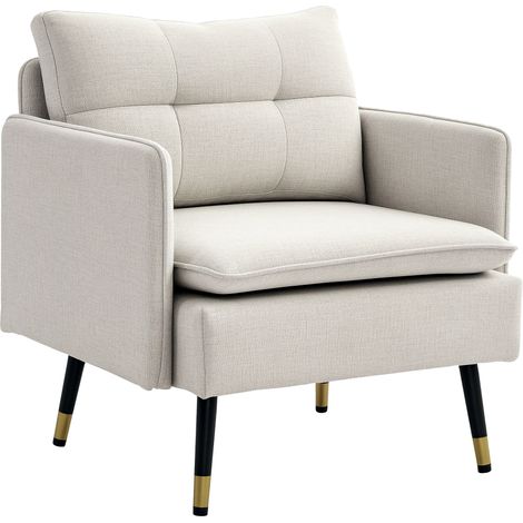 Modernes Wohnzimmersofa, Leinenbezug, mit Armlehnen, gepolsterter Sitzfläche und Stahlbeinen, 76 x 68 x 80 cm, Creme
