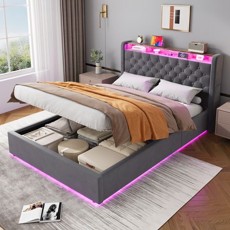Lit 140x190 cm gris en tissu avec tête de lit et design moderne (1/5)
