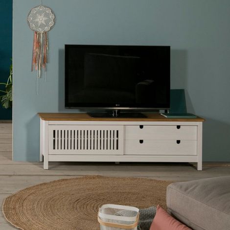 Mobile porta Tv con anta scorrevole effetto griglia e cassetti in legno massiccio 158 colore bianco e pino Bruna
