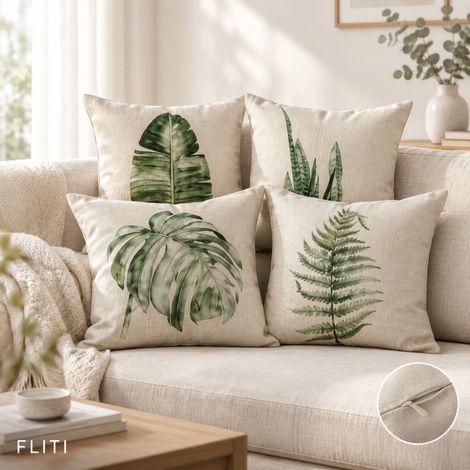 FLITI Lot de 4 Housses de Coussin 45x45cm Coton Lin Motif Feuille Verte Décoratif Canapé Voiture (1/5)
