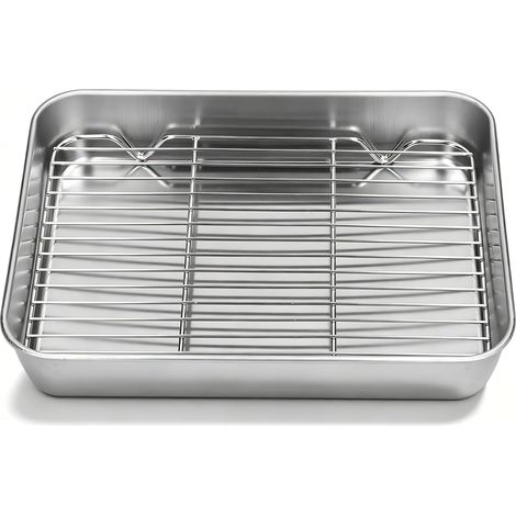 Plat Rectangulaire en Inox avec Grille, Ensemble Plat de Cuisson et Grille de Refroidissement, Rôtissoire pour Four, Lèche-Frite pour Poulet, Boeuf, Légumes(23.5 17.5 5CM) (1/5)