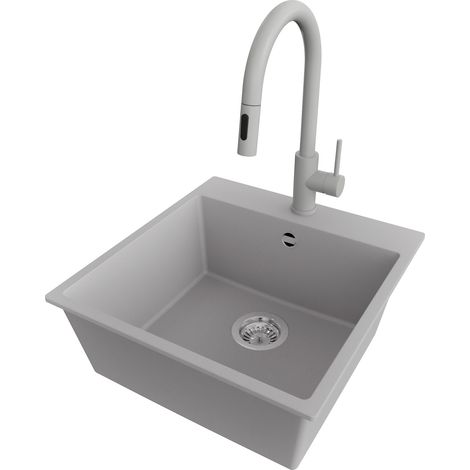 PRIMAGRAN Evier Cuisine en Granit 48x50cm,Lavabo 1 bac + Robinet 40x20cm + Kit de Vidage, Évier à Encastrer au meuble 50cm - Riga, Gris (1/5)