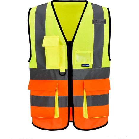 Warnweste mit Reflektorstreifen, Reißverschluss und Taschen, Gelb&Orange, Größe M (1/4)