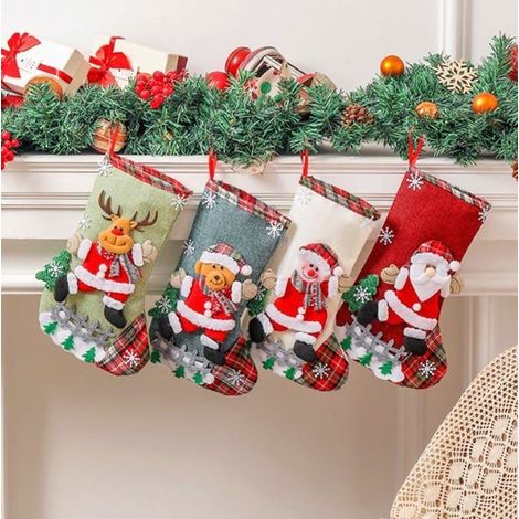 CHAUSSETTE DE NOEL - Grand sac cadeau en lin - Lot de 4 bas de Noël, décorati (1/4)