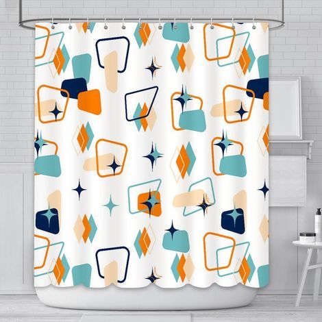 Rideau de douche 180 x 180 cm rétro abstrait géométrique espace classique années 1950 1960 motif emblématique moderne décoration d'intérieur durable en polyester imperméable avec 12 crochets (1/5)