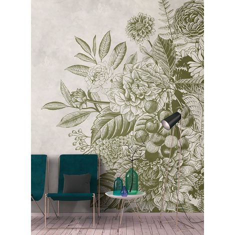 Papier peint panoramique vert & beige idéal chambre adulte | Tapisserie panoramique nature à motifs vintage | Papier peint panoramique floral tendance - 270 x 400 cm (4 pièces) (1/5)