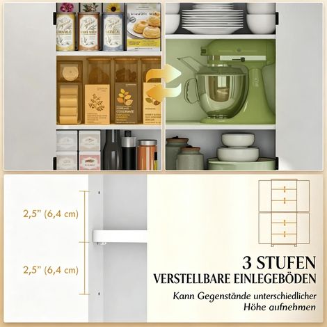 Buffet de cuisine haut à 6 niveaux, meuble de cuisine, 4 portes vitrées et 4 étagères réglables (1/4)