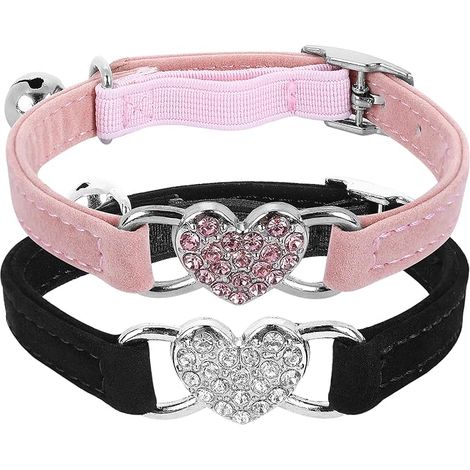 Bling Heart Collier chat cloche Réglable ceinture de sécurité Strass petits chats et chiens Rose Noir et rose (1/5)