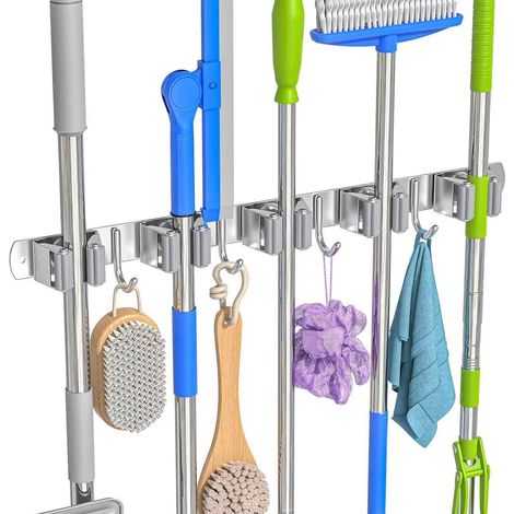 Besenhalter zum Anschrauben – Stahl – 4 Klemmen + 5 Haken – inklusive Klebstoff – für Bad/Küche/Garage (1/5)