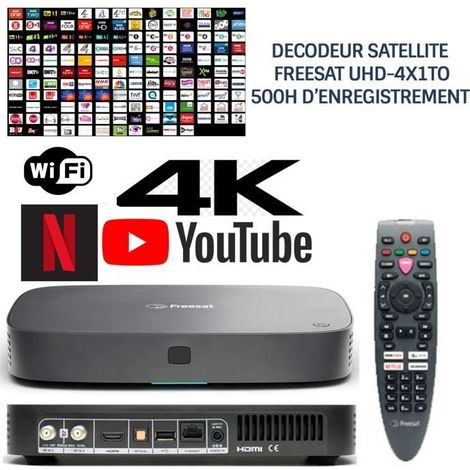 Décodeur satellite HD FREESAT UHD-4X1To, 200 chaînes sat anglaises, 13 chaînes anglaises HD, sans abonnement, 500h enregistrement