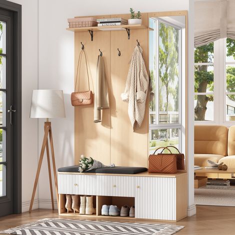 Meuble d'entrée avec miroir, banc à chaussures, rangement et 4 crochets, blanc et bois HAVRYA (1/5)