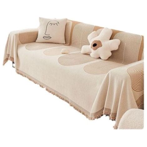 Housse de canapé réversible en chenille, couverture de canapé pour chiens, protection de canapé multifonctionnelle, motif de lignes géométriques, antidérapante, avec pompon Beige 180×130cm (1/4)
