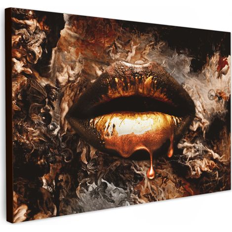 TABLEAU SUR TOILE Or - Lèvres - Art - Or - Luxe - Abstrait Toile Peinture Grand Format XXL 150x100 cm