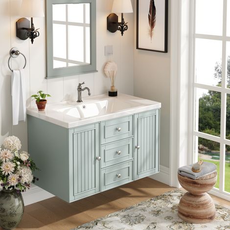 Hängender Badschrank mit Keramikwaschbecken 78,5 x 46 x 46,8 cm grün HAVRYA (1/5)