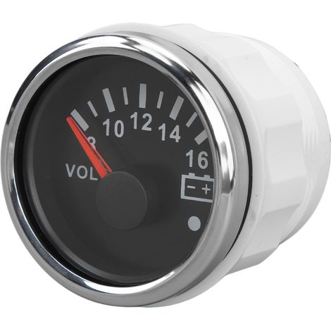 52-mm-Marinevoltmeter, Gleichspannungsanzeige (9–32 V) mit farbiger Hintergrundbeleuchtung für Wohnmobile, Yachten, Fischerboote und Schiffe. Schwarze Frontplatte und silberne Abdeckung.