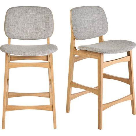 Skandinavische Barhocker aus hellem Holz, Esche und hellgrauem Stoff H66 cm (2er-Set) SOQUETTE