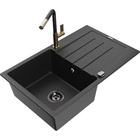 Mexen Bruno 1 Becken-Granitspüle mit Abtropffläche und Mischbatterie Flora, Schwarz/Silbermetallic -