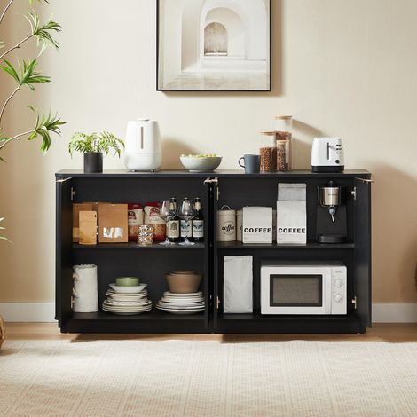 Buffet bas de rangement, 160x80x40 cm, Meuble TV de salon et salle à manger, design ondulé avec stries verticales et poignées dorées 4 portes, Noir (1/5)