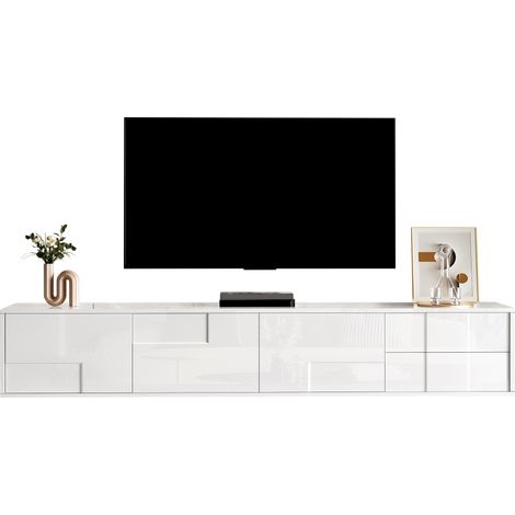 Meuble TV blanc laqué brillant 3 portes 2 tiroirs sans poignée 170 cm