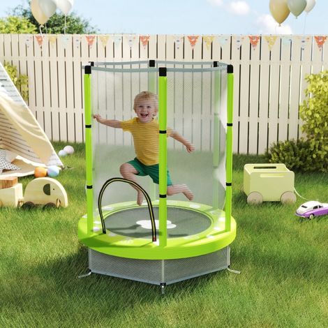 Trampoline pour tout-petits de 1,4 m avec filet de sécurité, pour une utilisation intérieure et extérieure, de 3 à 6 ans, motif nuage vert. (1/4)