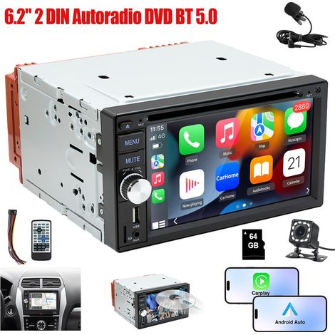 Autoradio stéréo 2 DIN, lecteur CD/DVD, Carplay, Android Auto, Bluetooth, USB, BT, AUX - 12CAM MIC 64G (1/5)