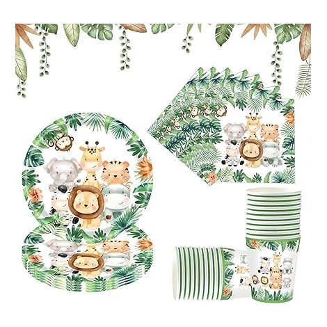 Jungle Animaux Vaisselle Fête Anniversaire Kit Décoration Assiettes Vertes Gobelets Serviettes Baby Shower (1/5)