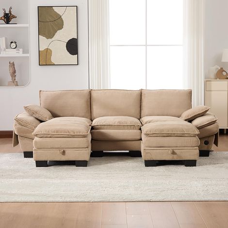 Canapé 3 places velours côtelé, avec deux repose-pieds,mousse haute densité,port USB-C et poches latérales,couleur kaki (1/5)