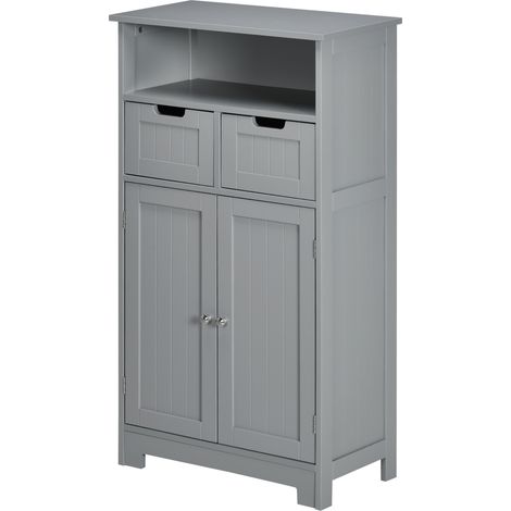 Meuble de salle de bain avec 2 tiroirs, niche, placard avec porte, étagère réglable, 60 x 30 x 109 cm, gris (1/5)