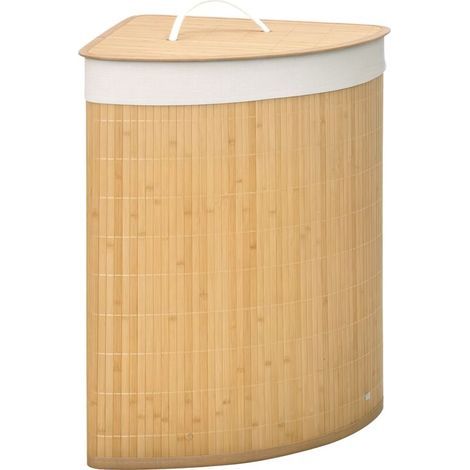 Panier à linge en bambou d'angle 55L avec couvercle et sac amovible 38 x 38 x 57 cm bois naturel et blanc
