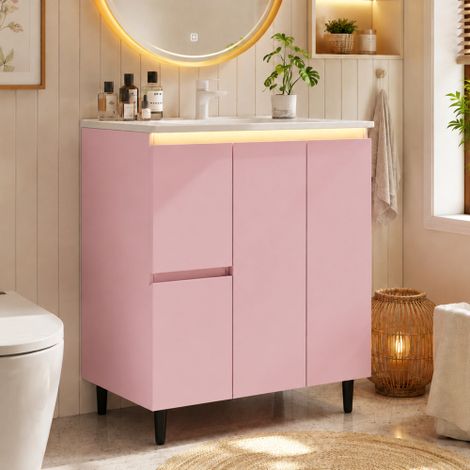 Meuble Vasque Salle de Bain 76 cm, Laqué Rose, LED Radar, Pieds Hauteurs (1/5)