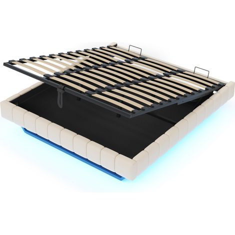 Lit coffre capitonné 180x200 cm en lin beige avec LED et cadre métallique (1/5)