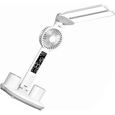 Lámpara de escritorio con ventilador y LED, reloj, portalápices, control táctil, temperatura de luz ajustable de 3000K a 6000K, regulador de intensidad, pantalla de temperatura y fecha.