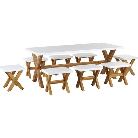 Conjunto comedor de jardín de cemento y madera blanco mesa con 8 taburetes Olbia