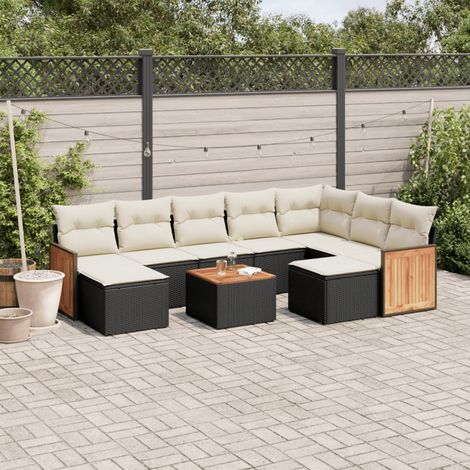 10-tlg. Garten-Sofagarnitur mit Kissen Schwarz Poly Rattan (1/5)