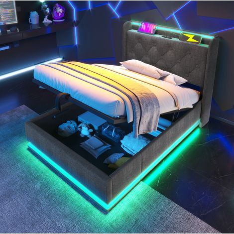Bett Mit Bettkasten 90x200 cm Mit Lattenrost, 360° LED, Grauer Leinenstoff (1/5)