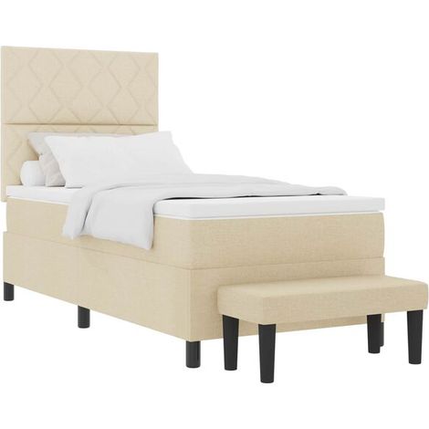 Matelas à ressorts avec tête de lit beige, 100 x 200 cm, recouvert de tissu. (1/5)