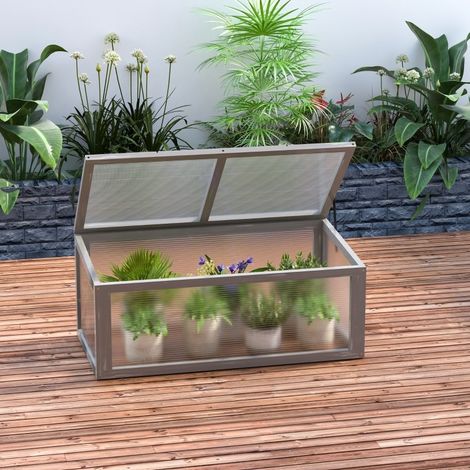 Mini invernadero de jardín de madera y policarbonato 90 x 46 x 40 cm gris OKMYHOME (1/5)