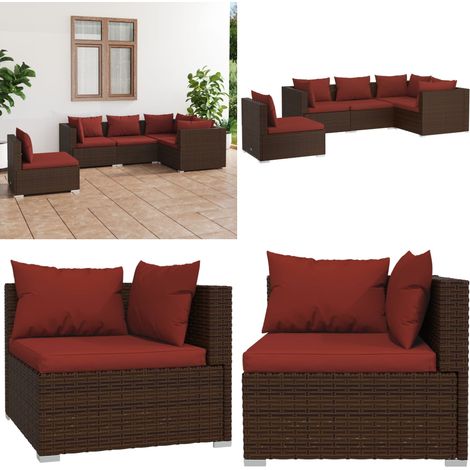 Salon de jardin 5 pcs avec coussins résine tressée marron - Salon De Jardin - Ensemble De Salon De Jardin - Meuble De Jardin - Canapé Extérieur - Canapé D'angle - Home & Living (1/5)