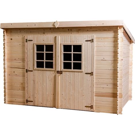 Habrita – Abri de jardin bois toit monopente – Épicéa massif 20 mm – Plaques ondulées bitumées rouges – Dimensions 3,04 x 1,99 m