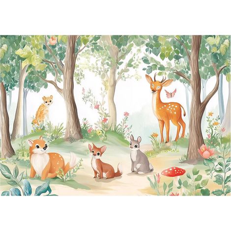 Papier peint enfant forêt animaux fille intissé 200x140 cm mural chambre enfant déco murale