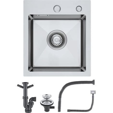 Évier de cuisine en acier inoxydable 304 40 x 40 cm, petits éviers carrés, évier de cuisine à montage en surface avec trou de robinet et trop-plein (sans tuyau de vidange), 1 bac, brossé (1/5)