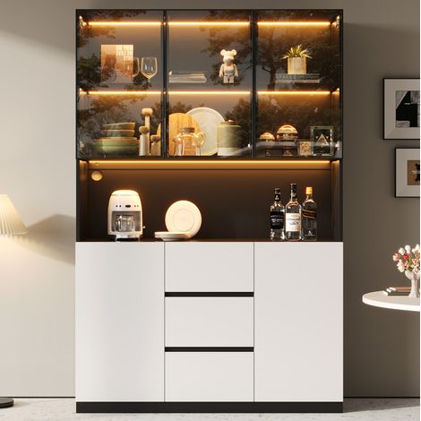 Vetrina LED in vetro temperato 120 x 40 x 200 cm, 3 cassetti, 2 ante, nero e bianco HAVRYA (1/5)