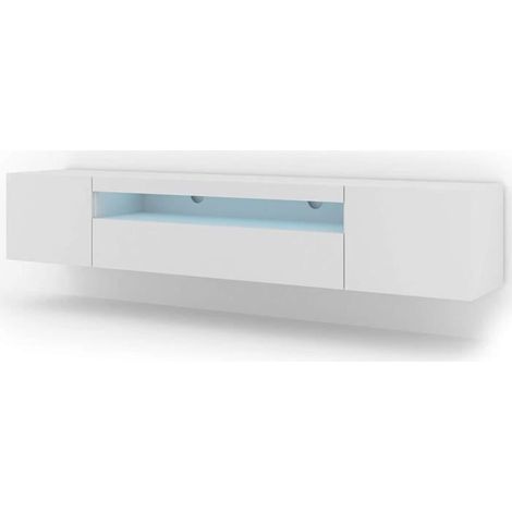 Bim Furniture – Meuble TV suspendu ou au sol blanc mat – Éclairage LED inclus – Dimensions 200x42/36x37 cm – Panneaux stratifiés et MDF