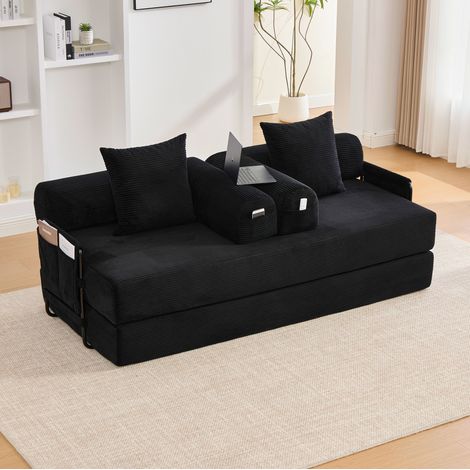 Sofá modular de pana negra 200 cm con estructura metálica, bolsillo lateral y 3 cojines (1/5)