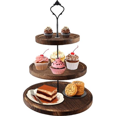 Présentoir à Gâteau en Bois 3 Étages, Présentoir à Muffins à 3 Niveaux, Support à Cupcake Rond avec Poignée en Métal, Présentoir Apéritif Buffet pour Mariage, Anniversaire, Thé de l'Après-midi (1/5)